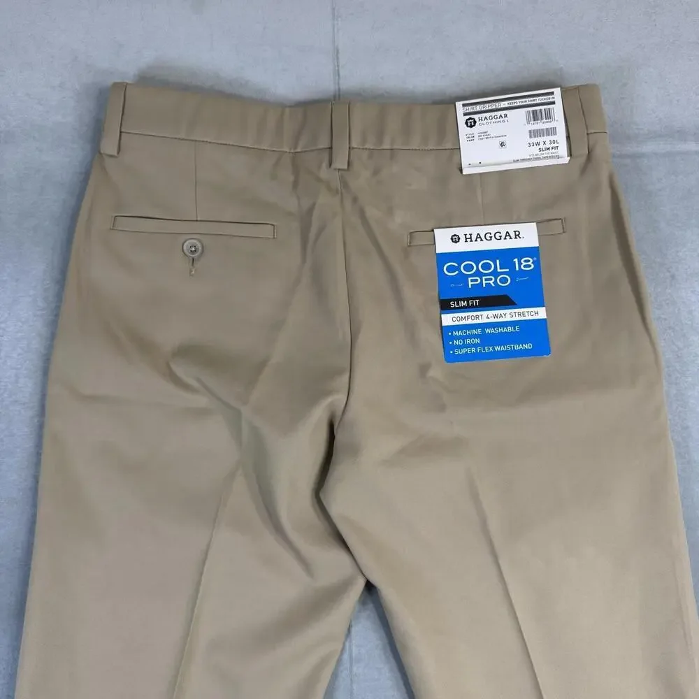 Haggar Pants Mens 33x30 Khaki Cool 18 Pro Slim Fit Flat Front Stretch Chino